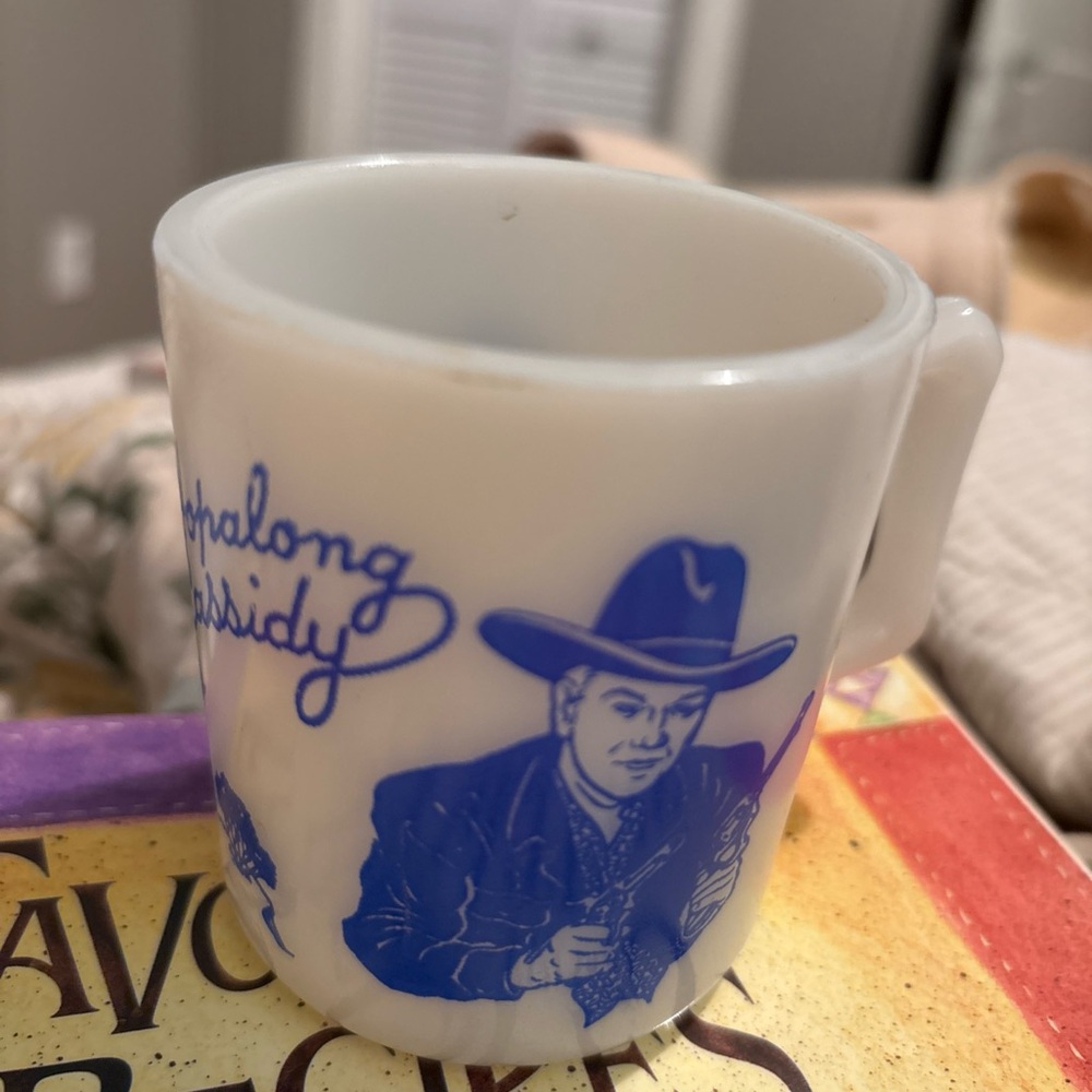 Hopalong Cassidy BLUE Milk Glass 3" Tall Coffee Mug Cup Vintage
